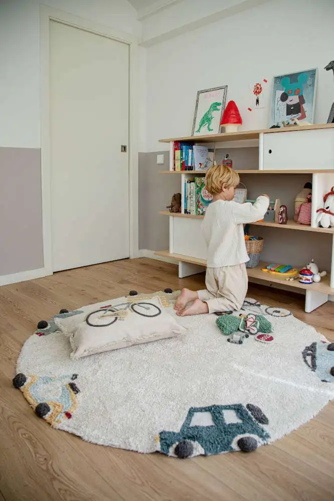 Wasbaar rond vloerkleed Wheels van Lorena Canals - My Little Carpet