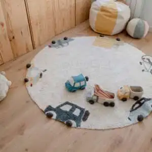 Wasbaar rond vloerkleed Wheels van Lorena Canals - My Little Carpet