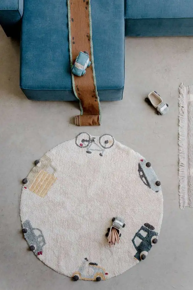 Wasbaar rond vloerkleed Wheels van Lorena Canals - My Little Carpet