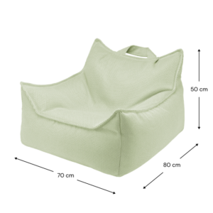 Groene kinderzitzak voor buiten die eenvoudig te verplaatsen is met de afmetingen 70x50x80 cm